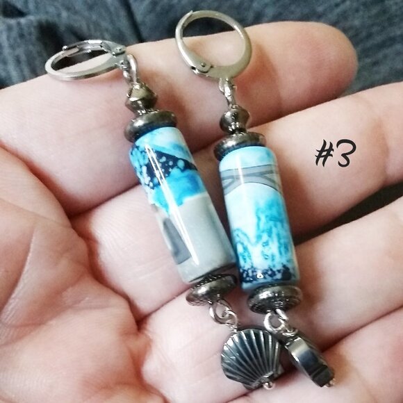 SURF'S UP! One-of-a-kind! Blue & Gray Agate + Hematite Shell Beaded Earrings - Picture 5 of 9